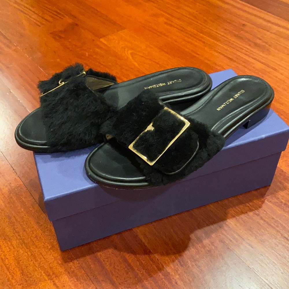 Stuart Weitzman Black Fur Slide Sandals with Gold Buckle